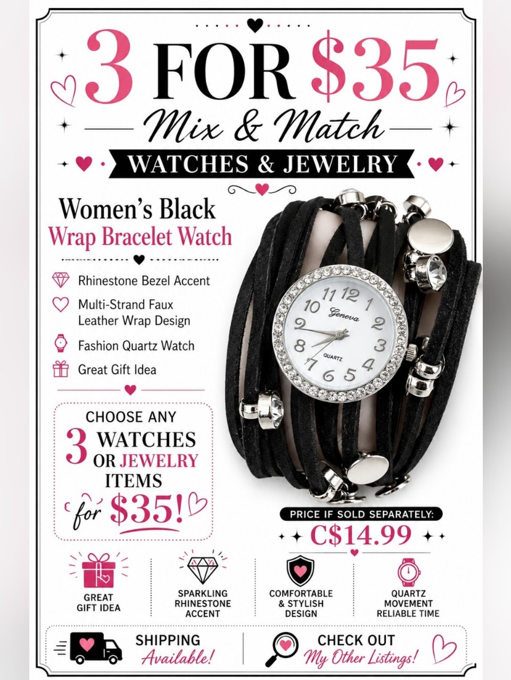 Women’s Wrap Bracelet Watch Black Multi Layer Rhinestone Quartz Sparkly Fashion